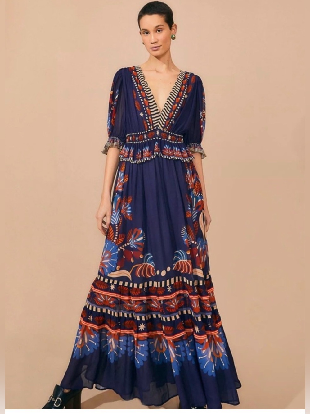 FARM RIO Nature Tropical Print Deep V-Neck Tiered Maxi Dress Sz S